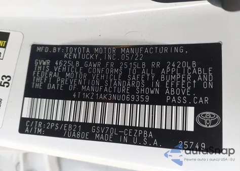 2022 Toyota Camry Trd from USA, damaged, VIN 4T1KZ1AK3NU069359